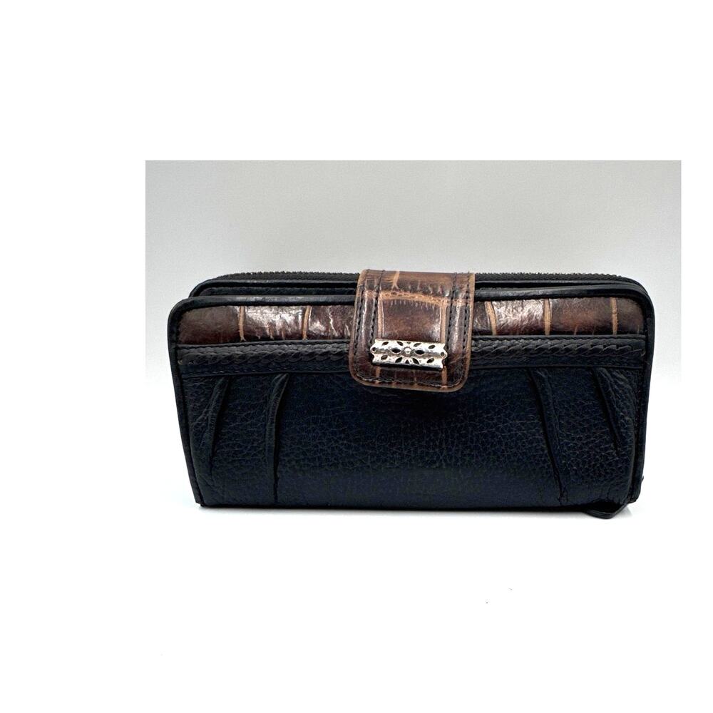 Vintage 90s Brighton Black Leather Brown Croc Check Book Wallet Concho Snap Y2K